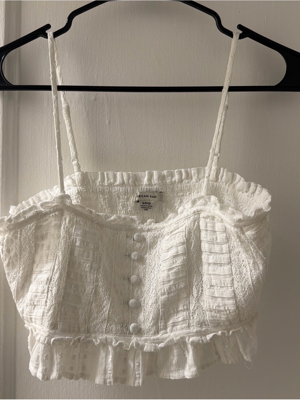 American Eagle Outfitters White Ruffle Lace Button-Front Cropped Cami Tank Too